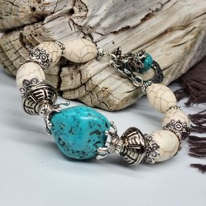 Boho Rustic Bracelet Natural Blue Turquoise Silver White Howlite Stone